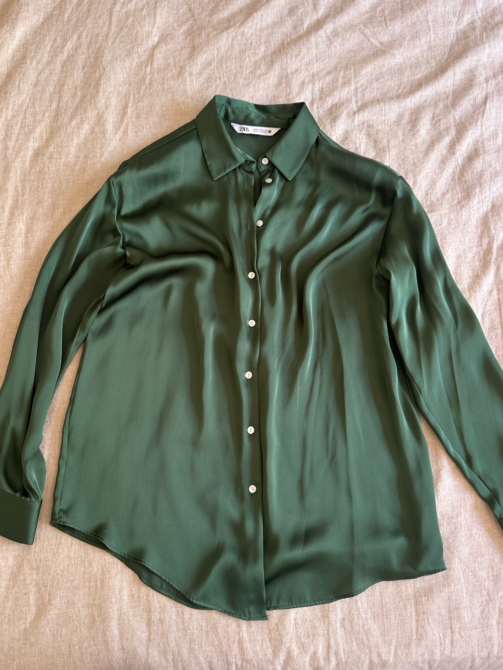 Zara Satin Forest Green Button-Up Blouse Small